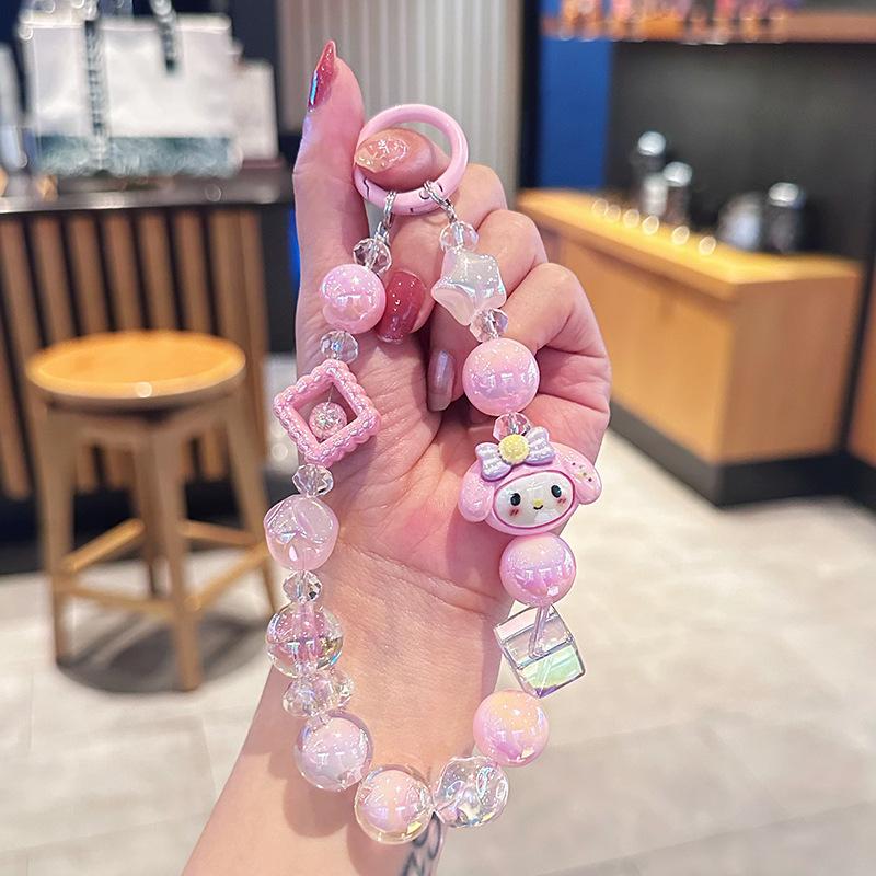 Sanrio Hello Kitty Melody Kuromi Cinnamoroll Phone Chain Camera Pendant Hand Drawn Beaded Kawaii Bracelet Keychain