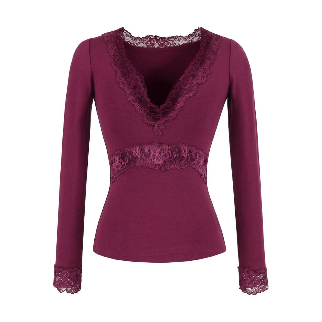 Elegant Deep V-Neck Long-Sleeve Slim-Fit Lace Patchwork Top - Spring/Summer 2026