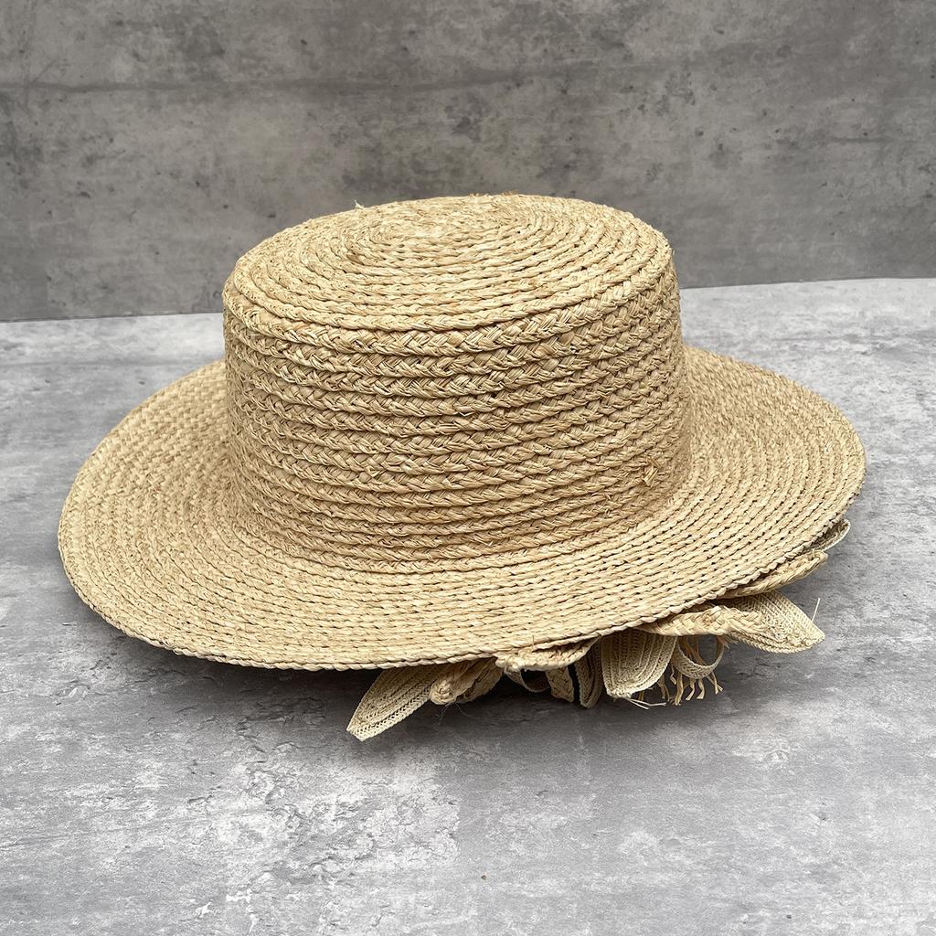 French brim reverse handmade flower raffia flat top straw hat women's summer seaside vacation sun protection beach sun hat
