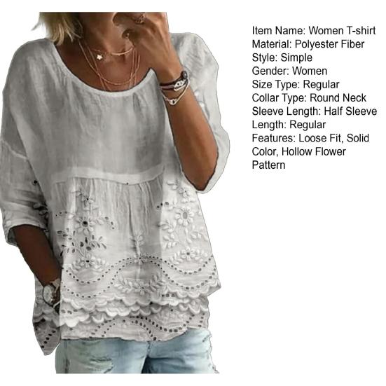 Damen T-Shirt Rundhalsausschnitt Halbe Ärmel Stickerei Blumenmuster Lockerer Saum T-Shirt Einfarbige Falten Design Sommer Oberteile