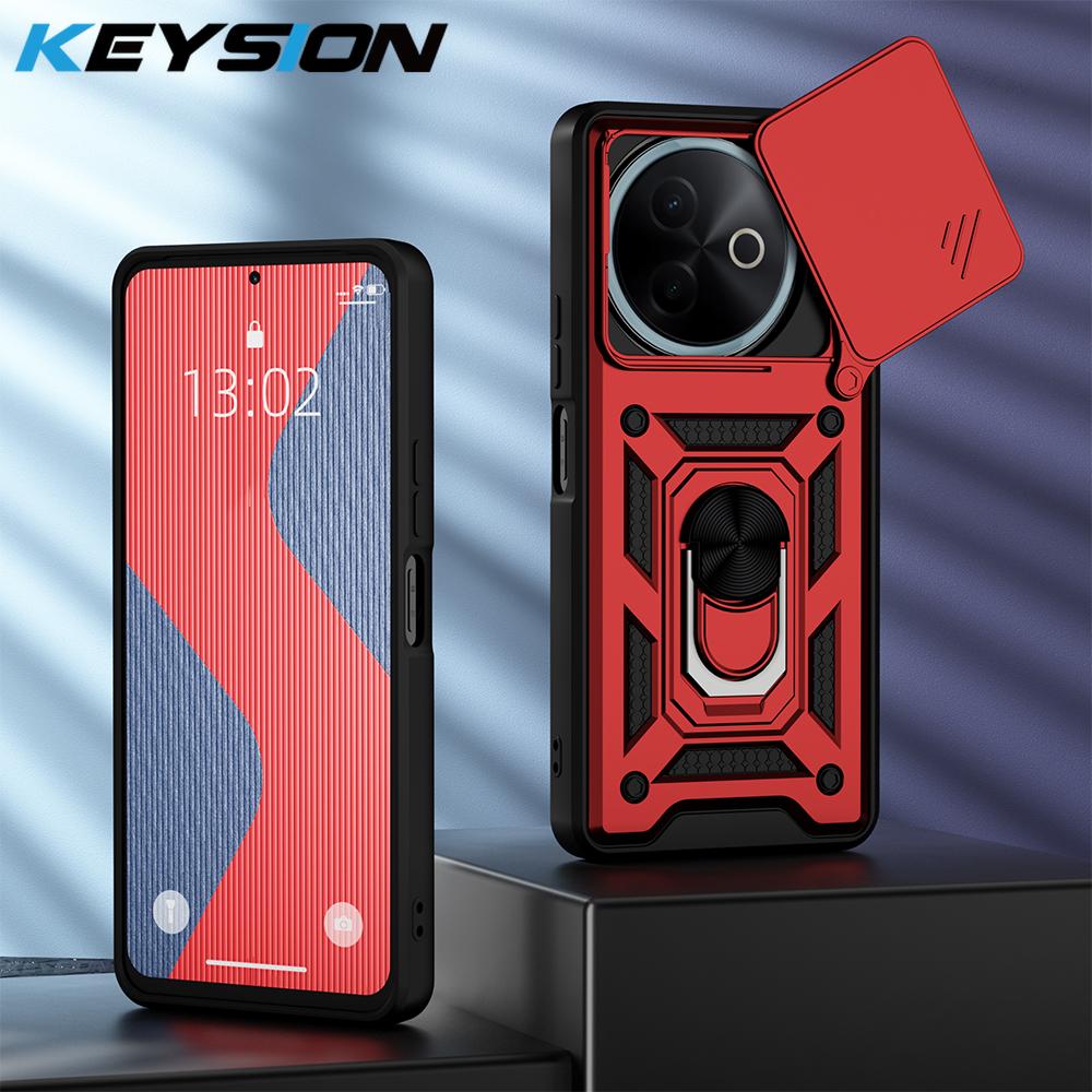 KEYSION Shockproof Armor Case for VIVO Y39 5G Silicone+PC Slide Camera Lens Protection Ring Stand Phone Cover for VIVO Y39 5G