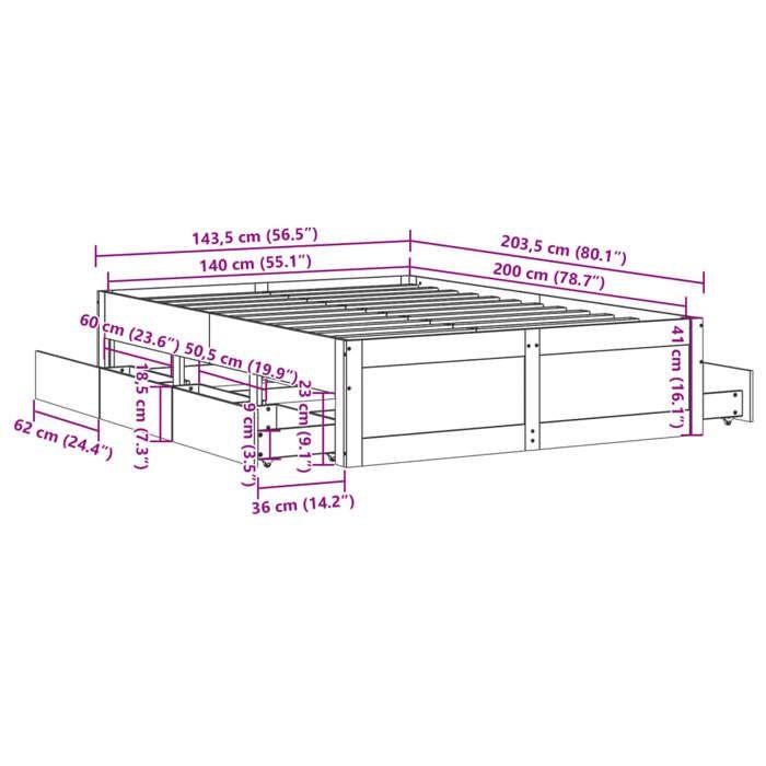 VidaXL Cadre de lit sans matelas avec tiroirs blanc 140x200cm bois pin, meuble de chambre à coucher, lit double, sommier, 3308805