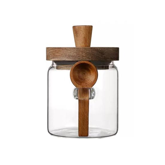 Glass Airtight Canister Sealed Jar with Wooden Spoon Transparent Food Storage Jar for Spice Coffee Beans Kitchen Pantry Supplies