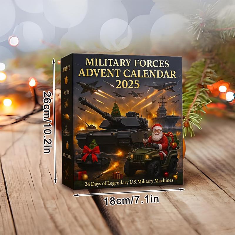 Calendar de Advent Legendele Forțelor Armate 2025, Cu 24 de Zile de Mașini Militare Legendare Americane Ornamente 2D