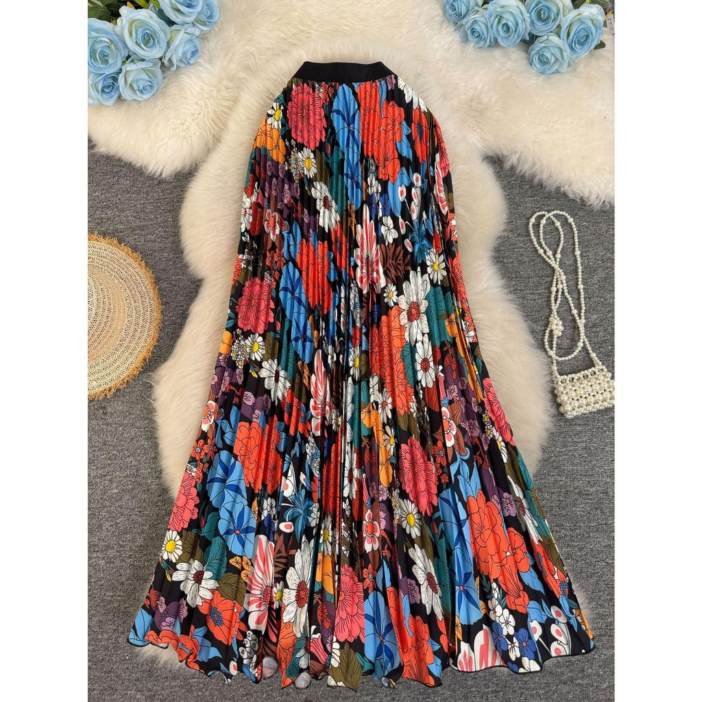 Women's 3D Print Pleated A-line Midi Skirt