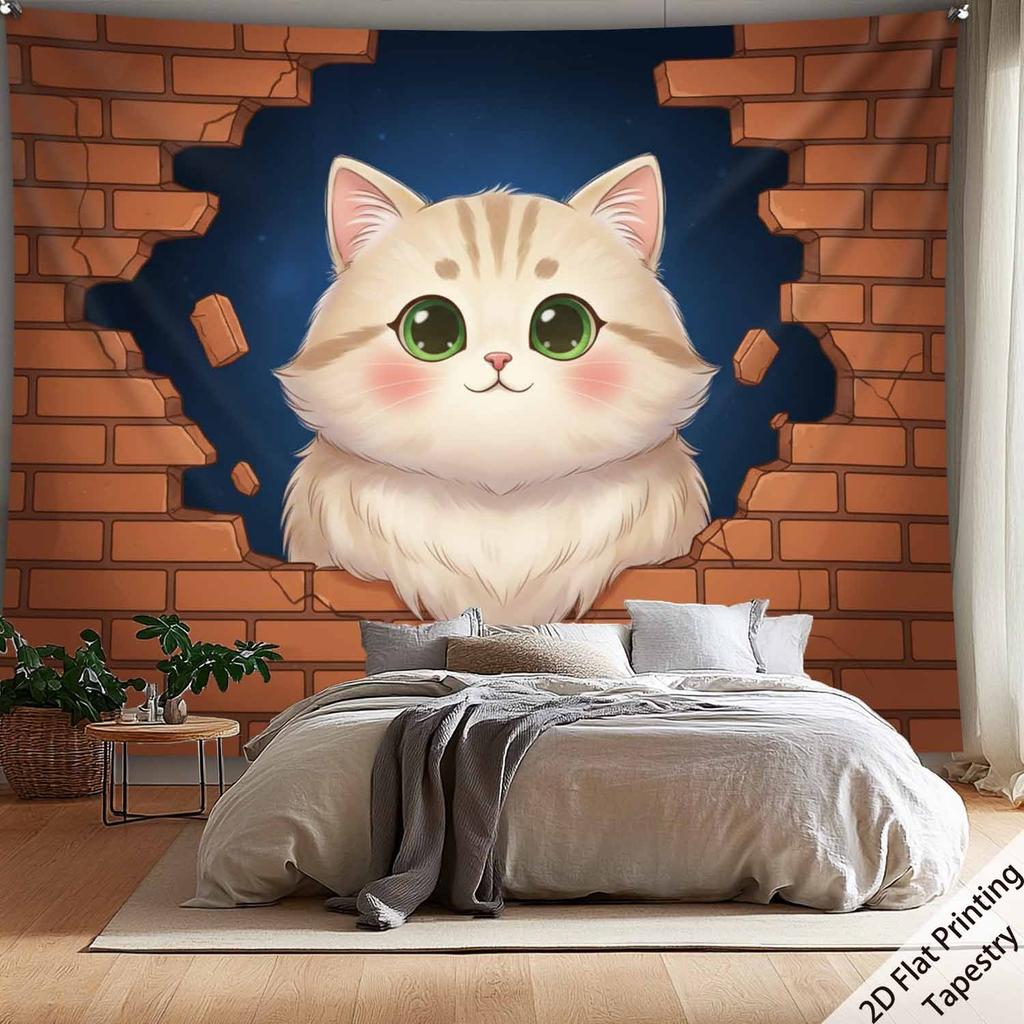 Cute Little Cat On the Wall Digital Printing Polyester Wall Tapestry Suitable for Use In Living Rooms Bedrooms Bars and Party