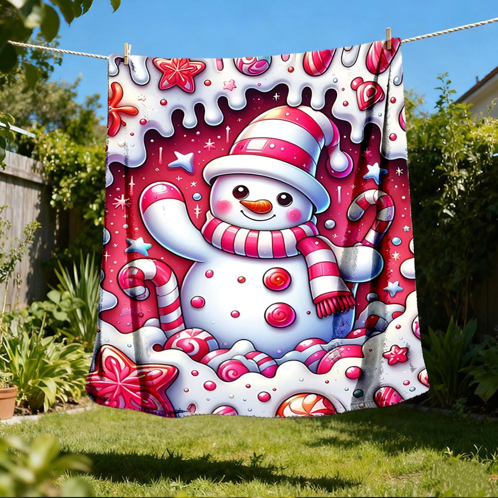 1pc Candyland Snowman Throw Blanket Polyester Fiber, Lightweight Flannel, Soft & Warm, All Season Use for Outdoor, Camping