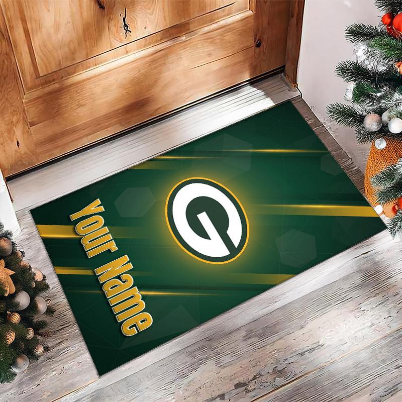 Green Bay Packers Crystal Velvet Rug, Custom Name Text Personalized Non‑Slip Floor Mat for Home Decor Gift