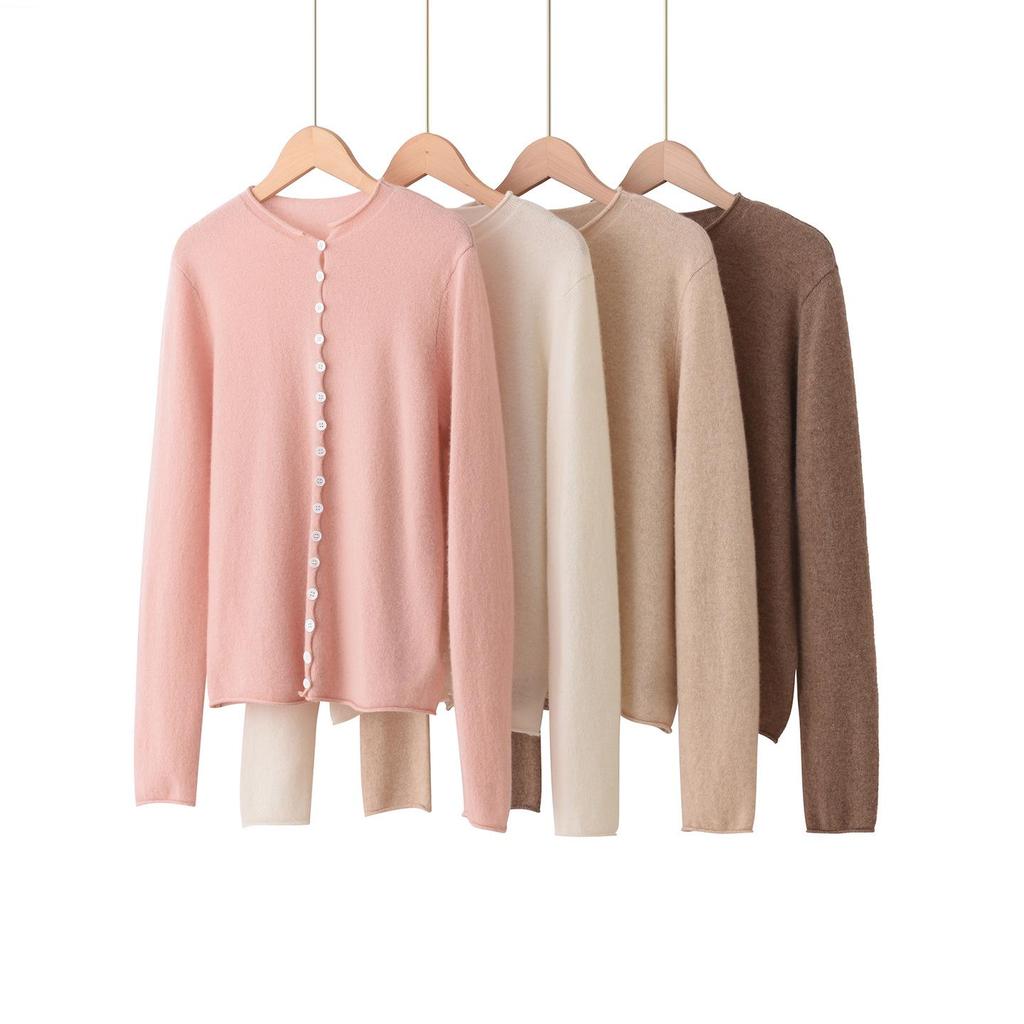 Women's 100% Cashmere Cardigan - Autumn/Winter Rolled Edge, Round Neck Buttoned Knit Sweater Coat