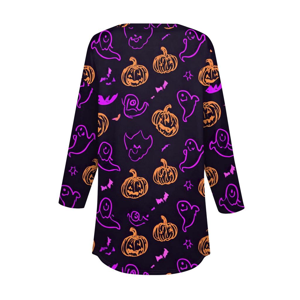 Women's Fashion Loose Button Collar Halloween Print Long Sleeve T-Shirt Top Pullover