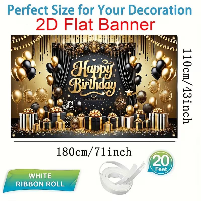 2D Happy Birthday Background Cloth Black Gold with Gift Boxes & Glitter Banner