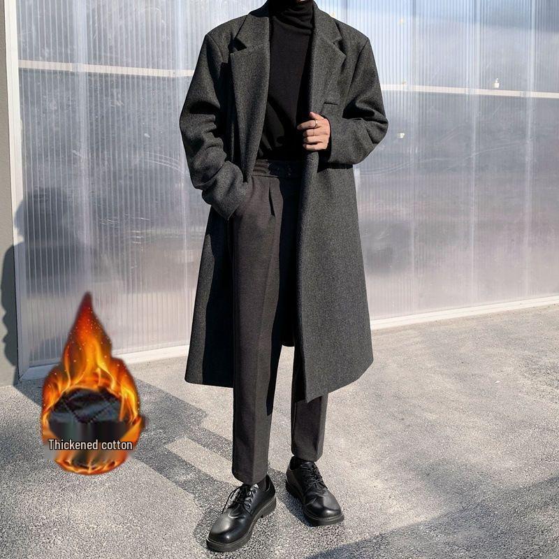Erkek Gündelik Kore Tarzı Uzun Kollu Bol Diz Üstü Yün Sonbahar/Kış Montu