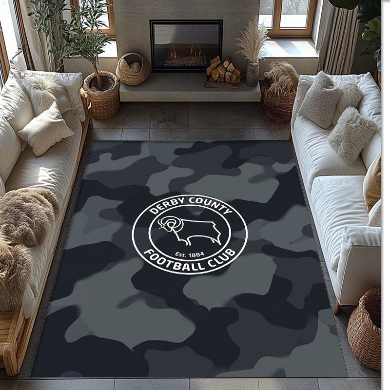 Derby County Football Print Crystal Velvet Rug, Comfortable Water Absorbent Non Slip Indoor Floor Carpet
