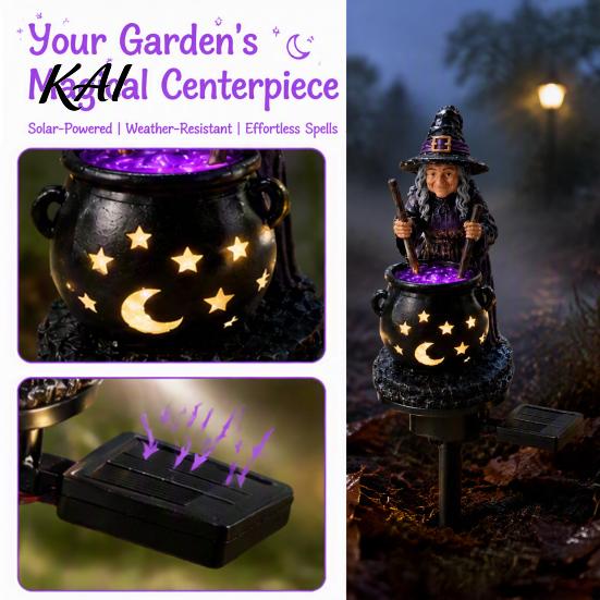 Outdoor Halloween Yard Ornaments Solar Witch Statue with Glowing Cauldron, Garden Light, Festive Patio Illumination Resin Decorative Figurine for Lawn