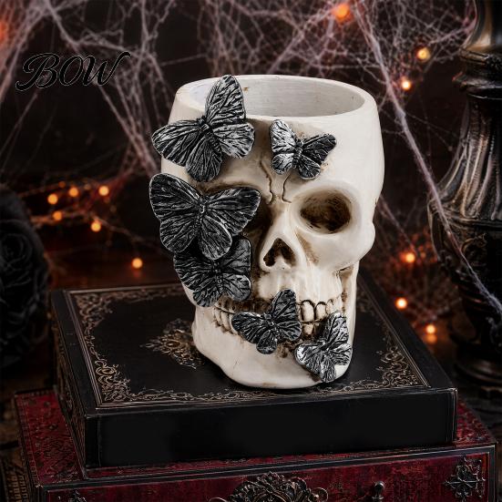 Halloween Themed Desk Item Gothic Skull Pen Holder, Spooky Butterfly Makeup Brush Cup Organizer, Desktop Pencil for Home Office Decor Festive