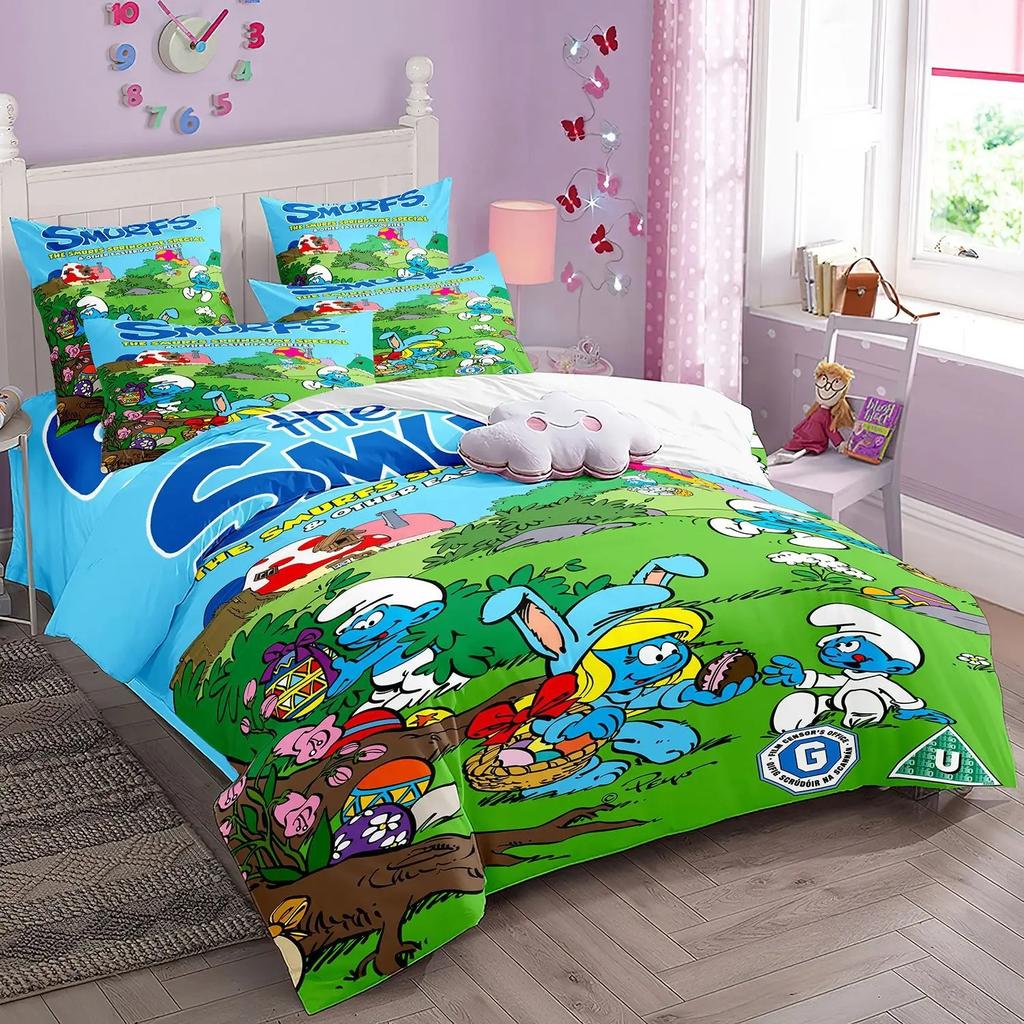 Cartoon S-Smurfs Printed Duvet Cover Pillowcase Bedding Set Boy Girl Children Single Double Large King Queen Size Gift