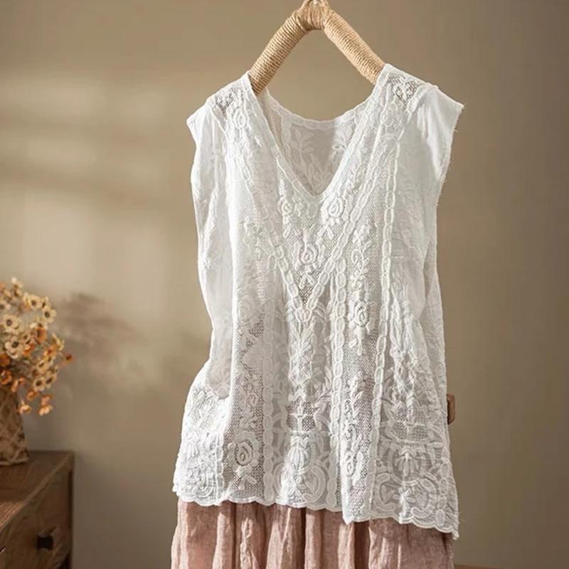 

Женский жилет Хлопковый жилет без рукавов с вязаным скелетом V-образный вырез Топы Однотонный Повседневный Кружевной жилет-майка One Size белый