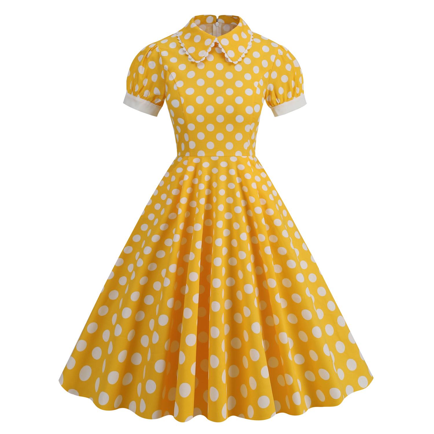 

Hepburn Retro Polka Dot Peter Pan Collar Lace Evening Dress with Short Sleeves and Full Skirt XL