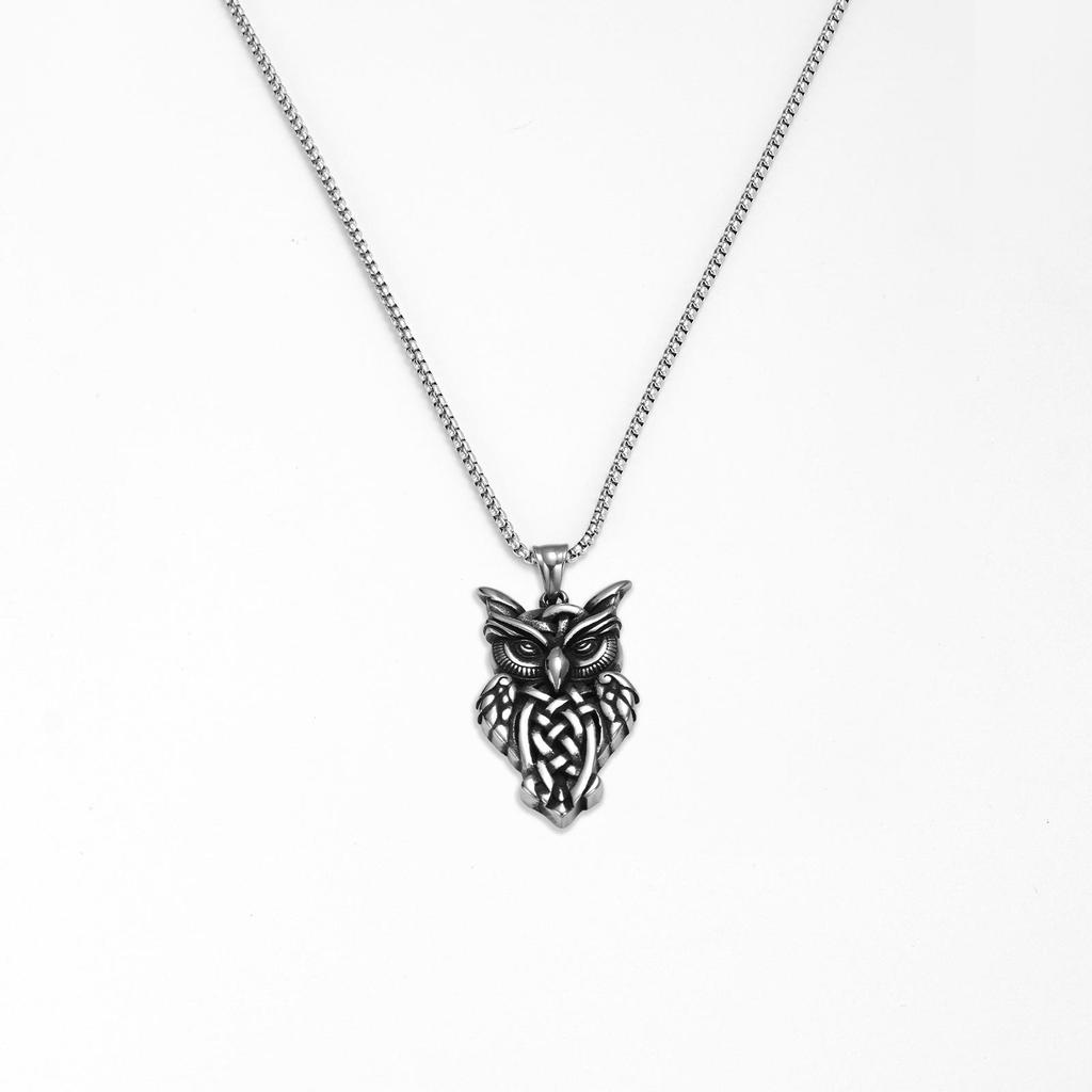 Men's Retro Owl Pendant Necklace with Distressed Woven Pattern and Stainless Steel Chain