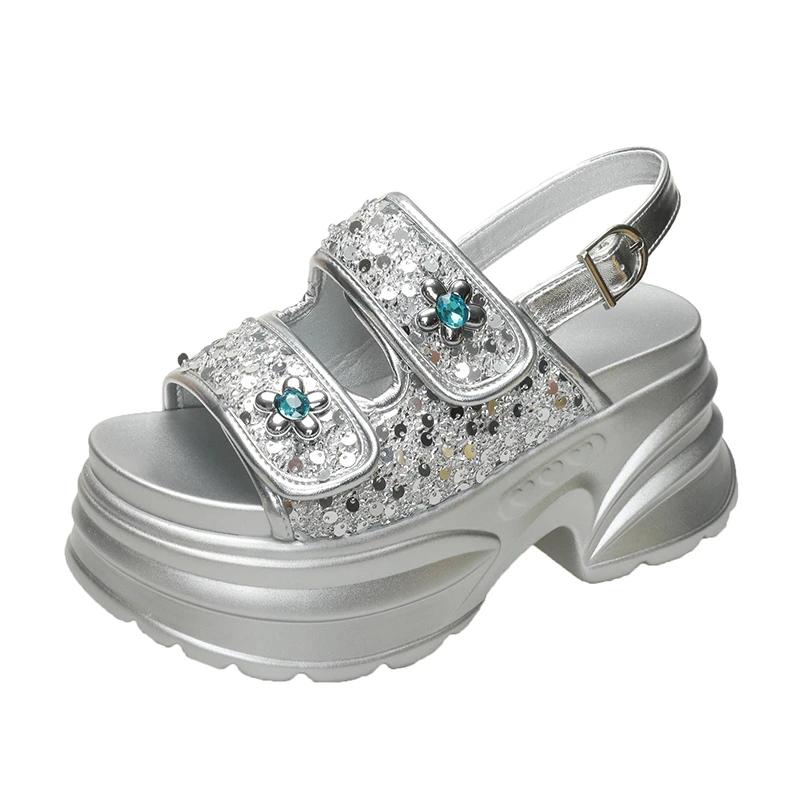 

8.5CM Chunky Platform Bling Rhine Stone Sandals Women High Heels Non-slip Slippers Wedge Sneakers Ladies Beach Summer Sandalias 34