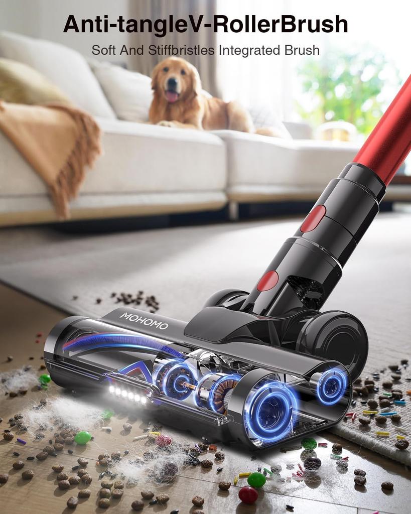 Cordless Vacuum Cleaner 600W, 50KPa, Self-Standing Stick Vacuum for Home, Hardwood Floors, Carpet, Pet Hair, Car (Red)