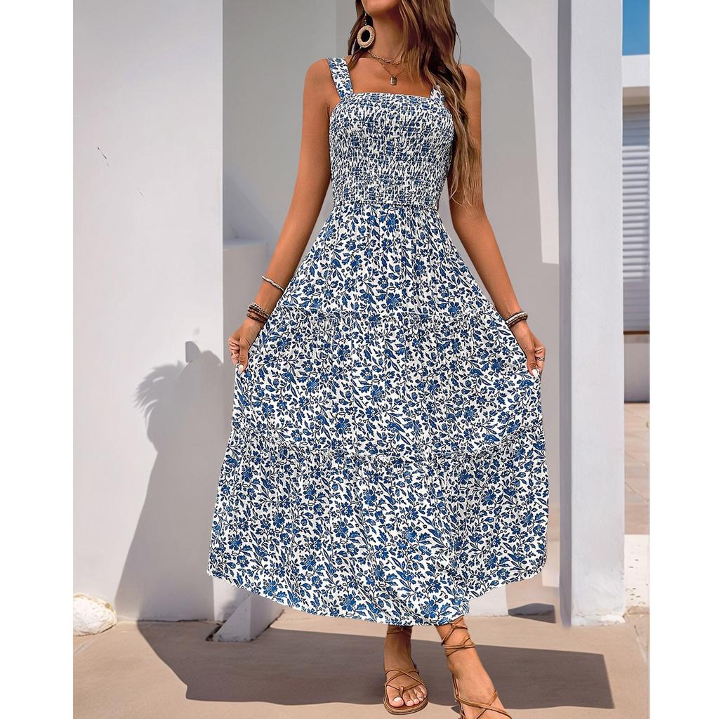 Women's Casual Camisole Dress, Medium Length Sleeveless Elastic Waisted Printed Dress