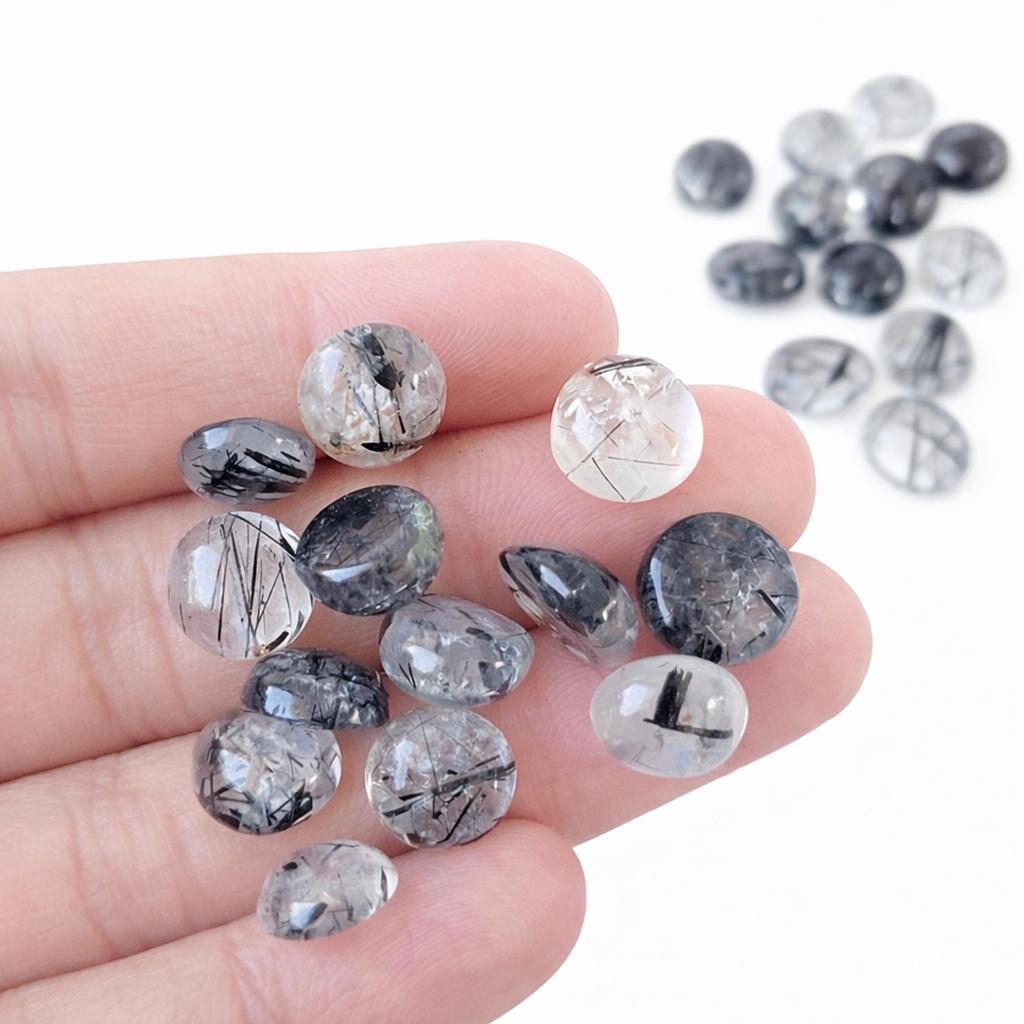 Black Rutile Quartz Round Cabochon – 10 mm Flat Back Gemstone for Jewelry Making