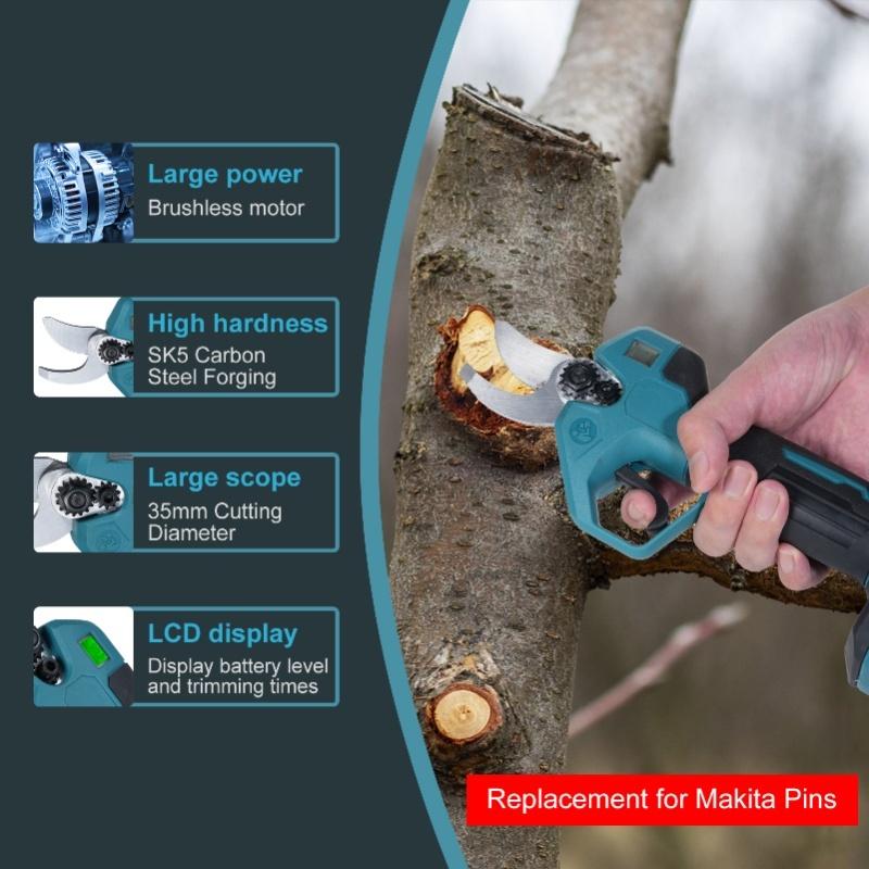 Electric Pruning Shear Brushless Pruning Shears 30mm Cutting Diameter SK5 Carbon Steel Forging Blade LCD Displays Battery Power