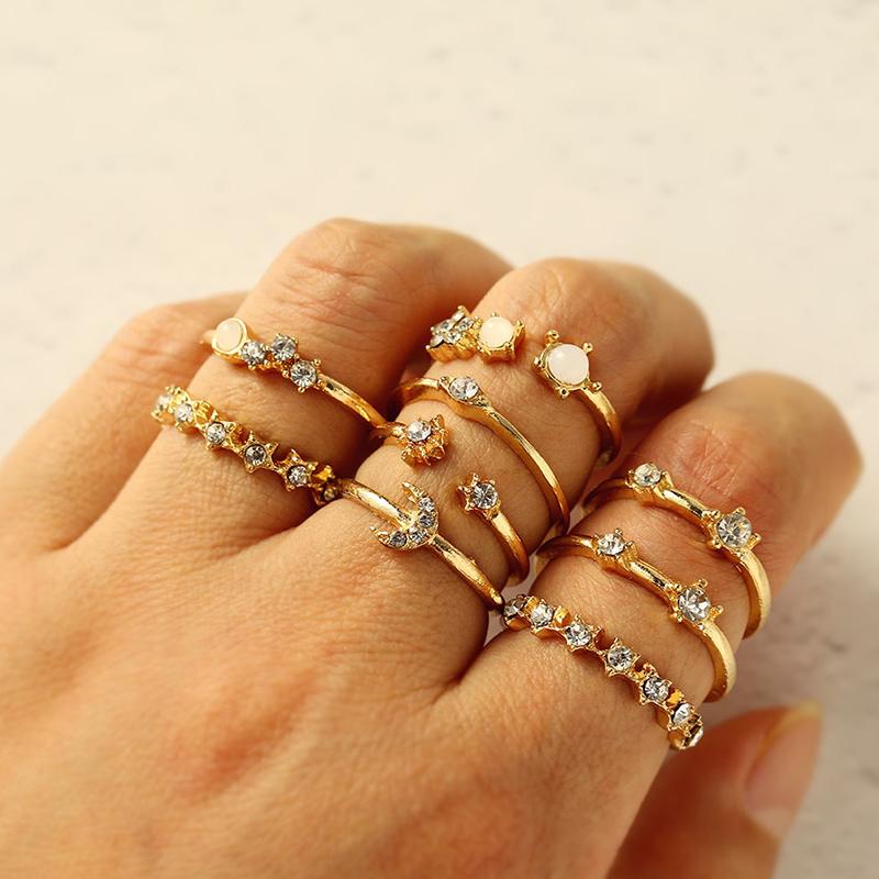 9Pcs Vintage Crystal Star Moon Rings Set Women Boho Finger Ring Fashion Jewelry