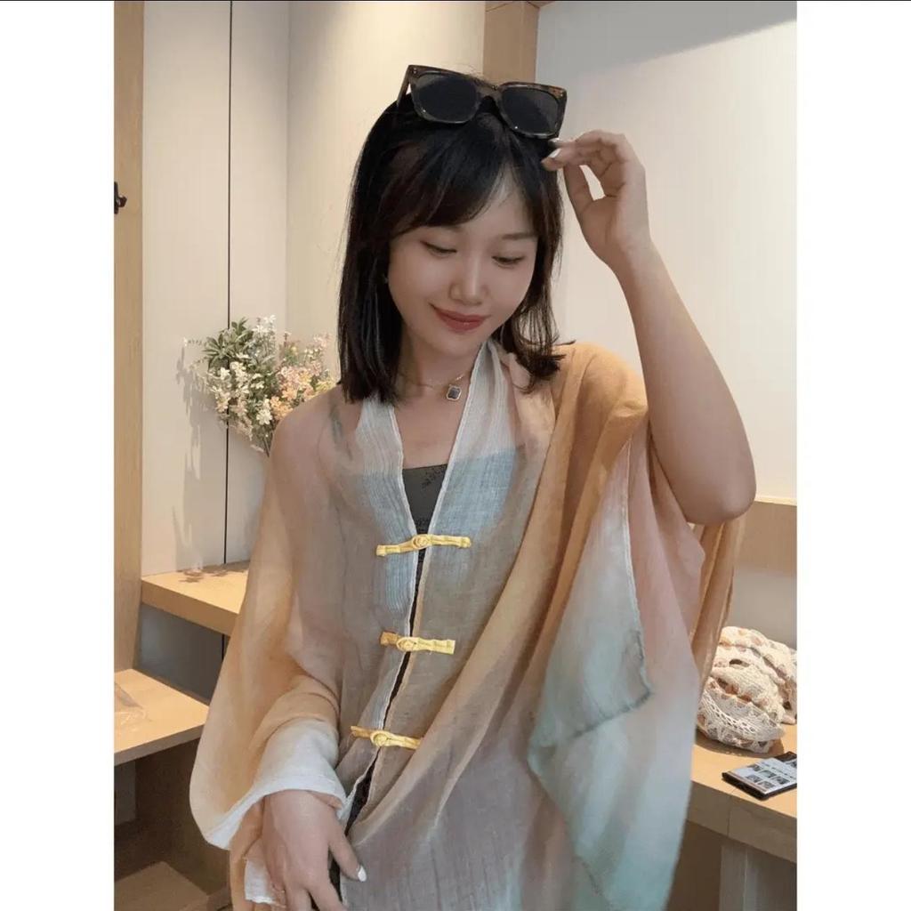Women's Retro Ethnic Silk Scarf with Frog Button Shawl for Sun Protection