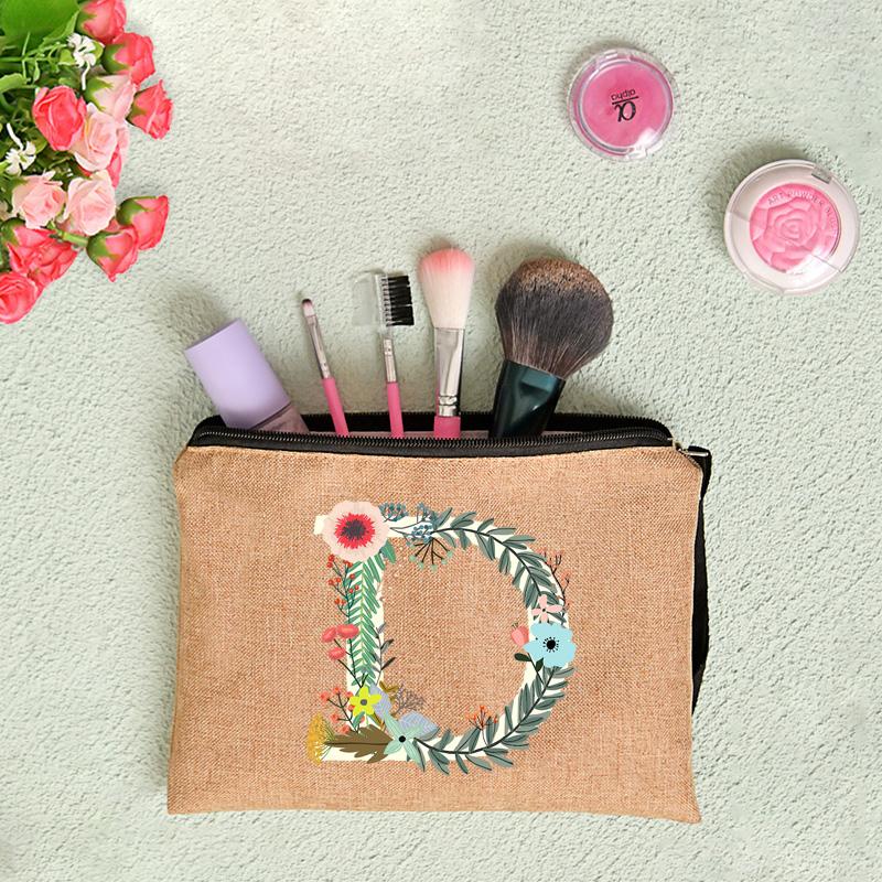 26 Letters Floral Women Cosmetics Woman Zipper Pouch Fashion Women Linen Cosmetic Bags Travel Portable Makeup Bag Cosmetic Bag