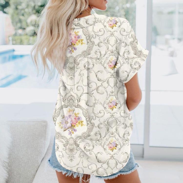 Dam Kortärmad V-ringad Pullover Knappar Skjorta Lös Strandtoppar Elegant Formell Arbets Sommarskjortor