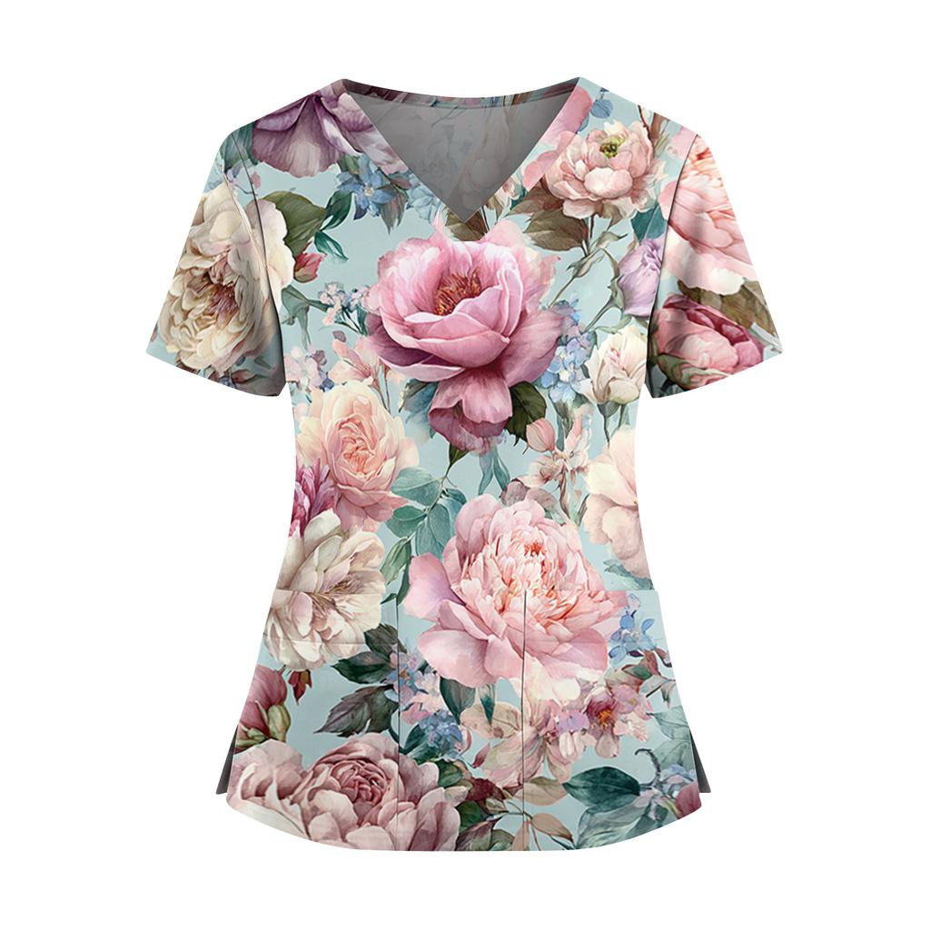 Women's floral print V-neck double pocket short-sleeved uniform/caregiver top with slits at the hem