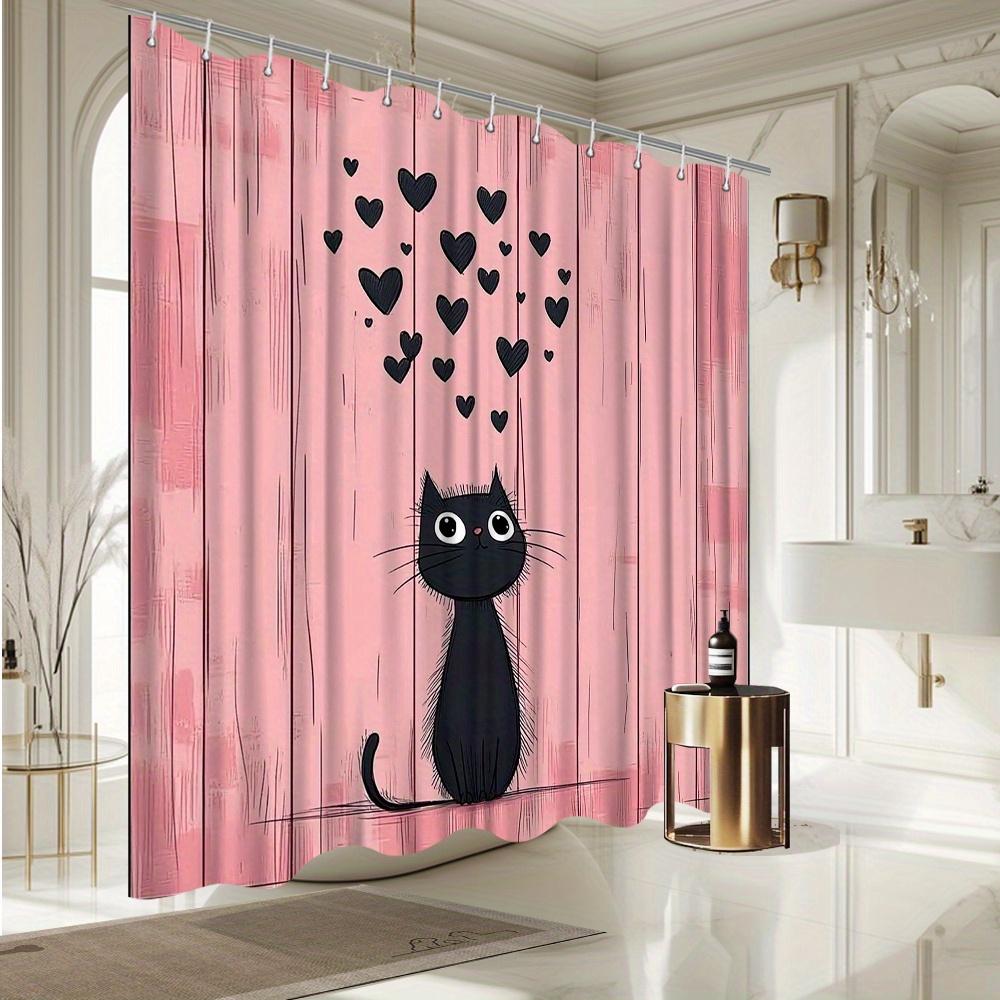 Black Cat Shower Curtain - Cute Wide-Eyed Cat & Floating Hearts On Pink, 12 Hooks, Playful Bath Decor