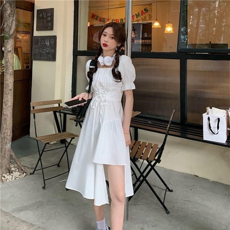 Irregular Hem Solid Color Dresses Female Summer Design Sense Bubble Sleeve Dress