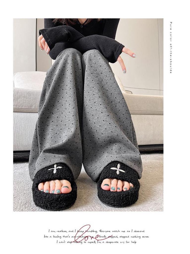 Women's High-Waist Black Polka Dot Lace Trim Wide-Leg Sporty Pants for Spring