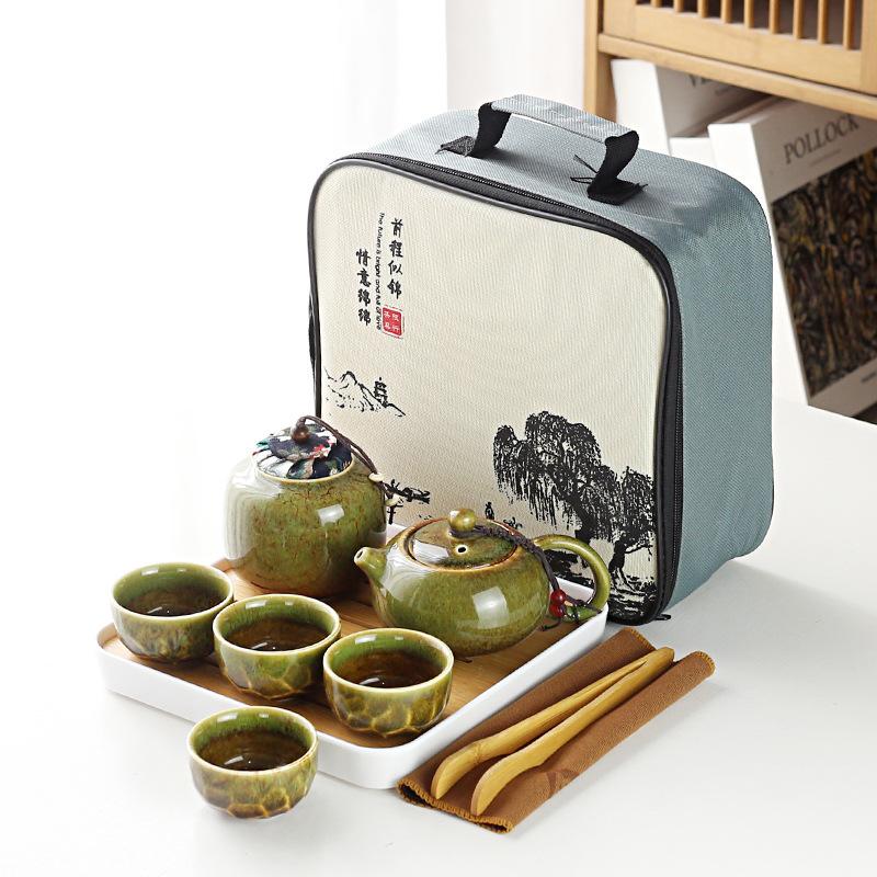 Travel tea set, portable ceramic kiln-changed glaze, one pot of four cups tea set, household personal gift box