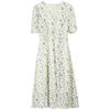 French Style Floral Puff Sleeve V-Neck Mid-Length Dress