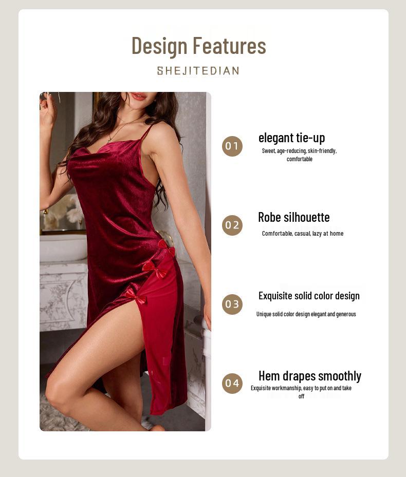 Pijama de Invierno de Terciopelo Dorado para Mujer: Vestido Largo Sexy sin Espalda con Tirantes Espagueti para Exterior o para Estar en Casa, Perfecto para Primavera y Otoño