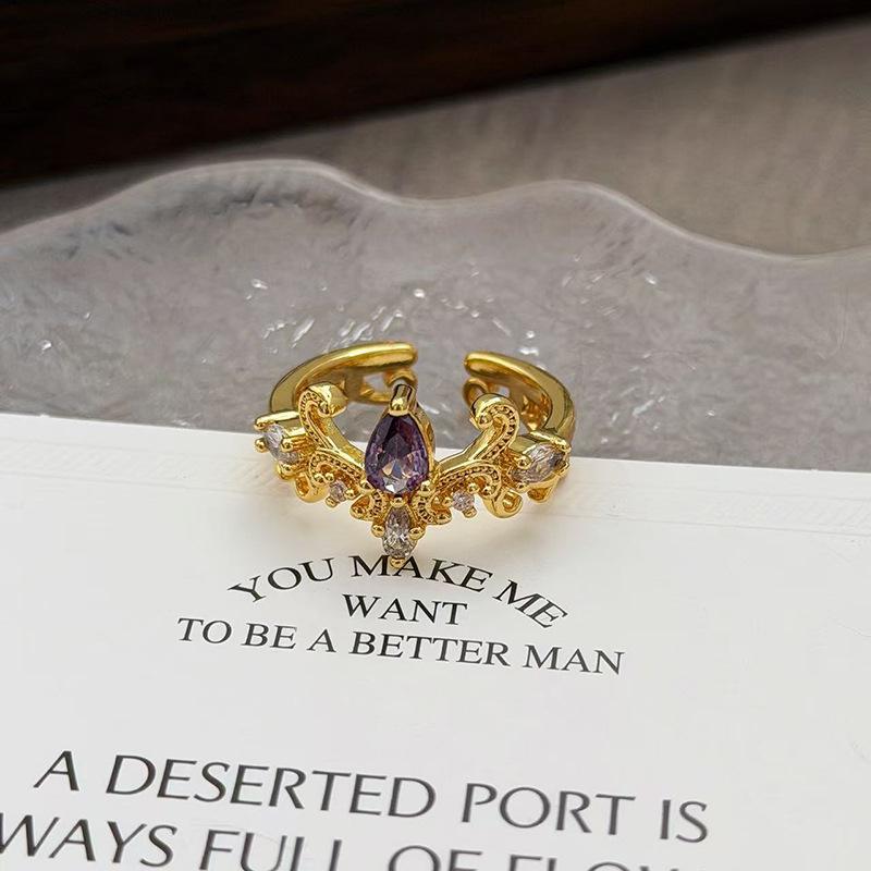 Medieval Vintage French Colored Treasure Zircon Light Luxury High-End Open Ring Niche Design Ring Woman