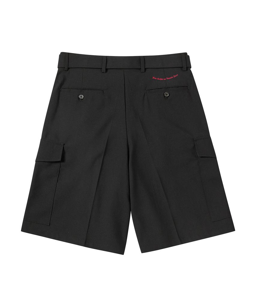 BEYOND CLOSET [Collection Line] Belted Detail Washed Wool Cargo Half Pants Black