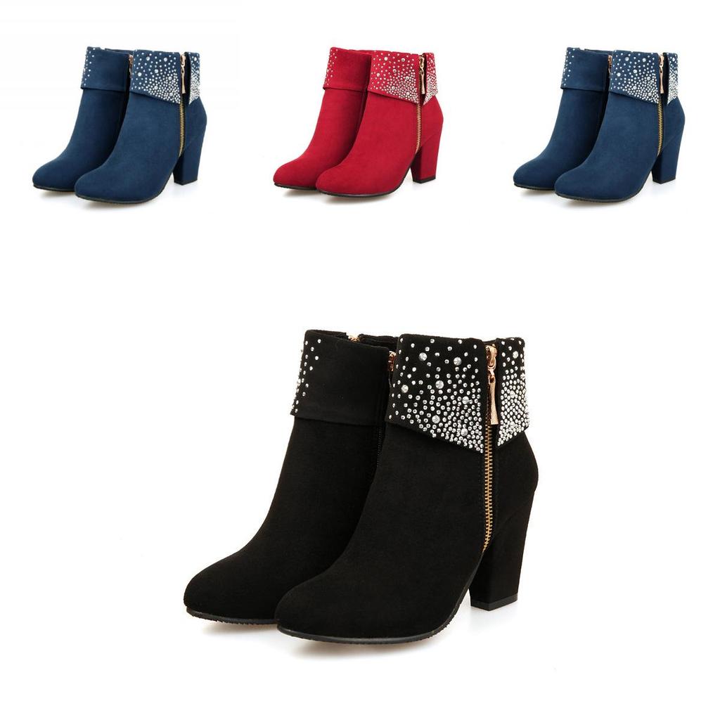 Damenmode Strass Klobige Reißverschluss Lederstiefel Mit Zeitlosem Design-Appeal
