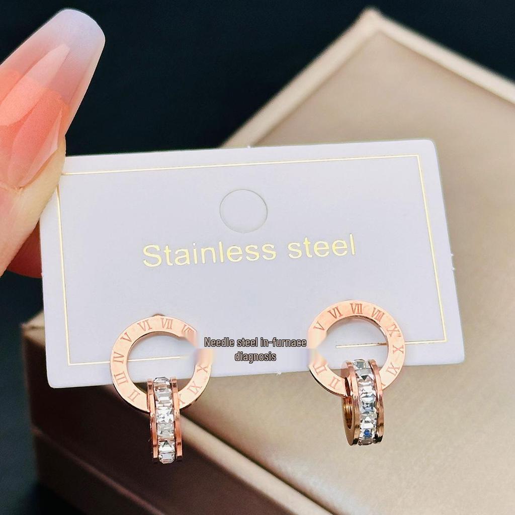 Rose Gold Titanium Steel Diamond Stud & Double Ring Dangle Earrings for Women