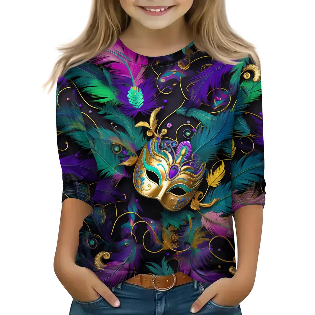 Print Tops For Youth Girls Round Neck 3/4 Sleeves T-Shirts Trendy Tops Outfit Tees