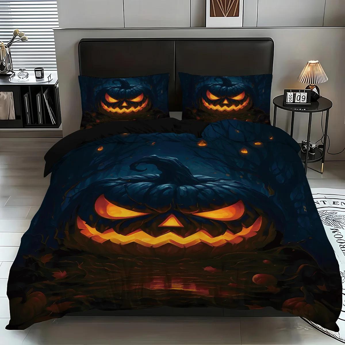 

3pcs Evil Pumpkin Print Coreless Bedding Set Comfortable Dormitory Bedroom Halloween Decoration Multiple Sizes Machine Washable EU Twin(135x200cm)