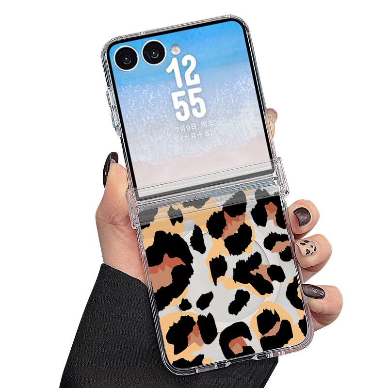 Custodia Stampa Leopardo Per Samsung Z Flip 8 7 6 5 4 Magnetica Per Magsafe Trasparente PC Rigido Pieghevole Copertura Per Telefono Per Galaxy Z Flip8 Flip7 Flip6
