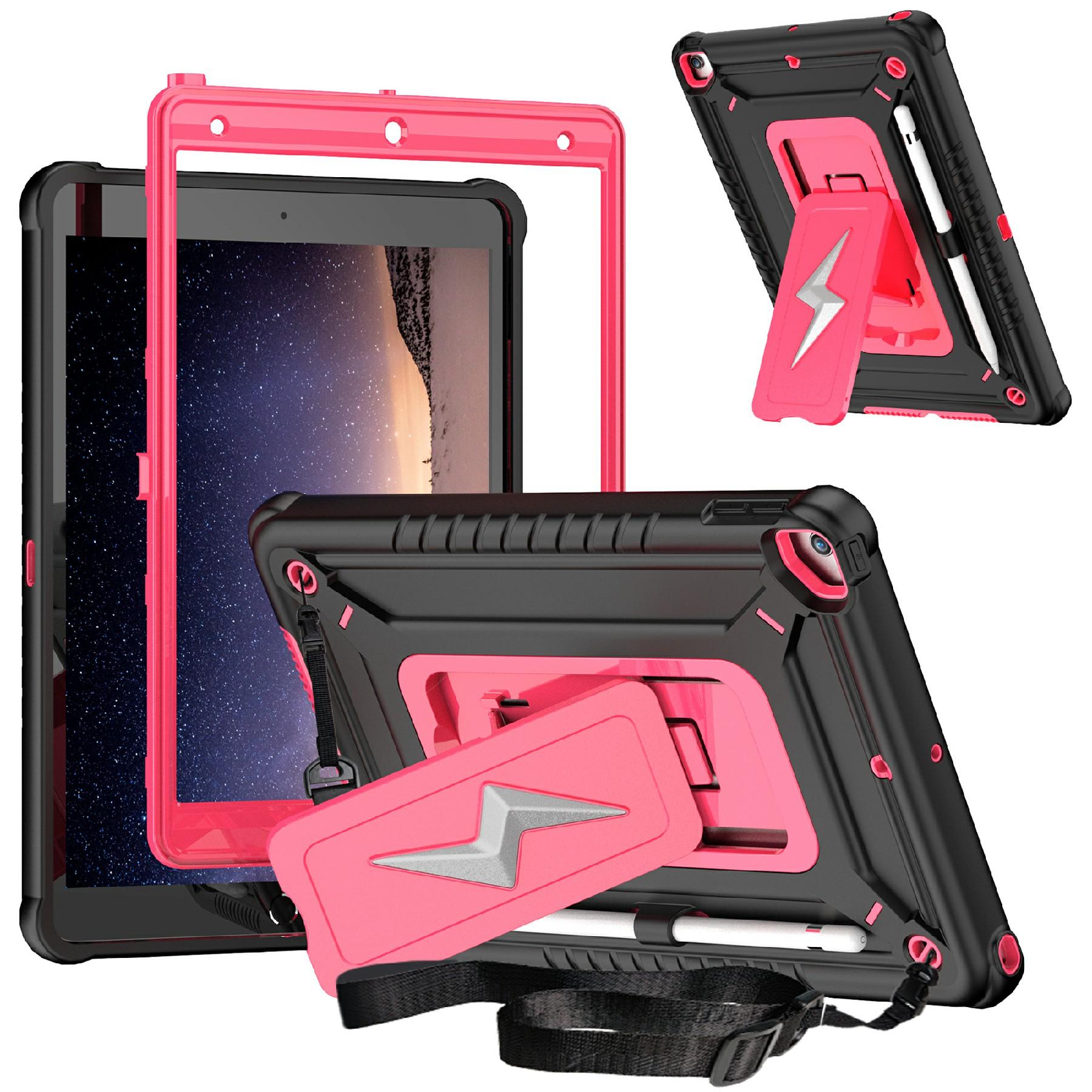 

Tablet Case For iPad 10.2 (2021)/(2020)/(2019)/Pro 10.5-inch (2017) Kickstand PC+Silicone Cover with Shoulder Strap Black+Rose
