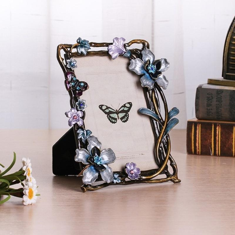 Elegant Emaille Bloemen Vogel Metalen Fotolijst Met Strass Accent Antiek Fotolijstje Voor Tafelblad Planken Decoraties