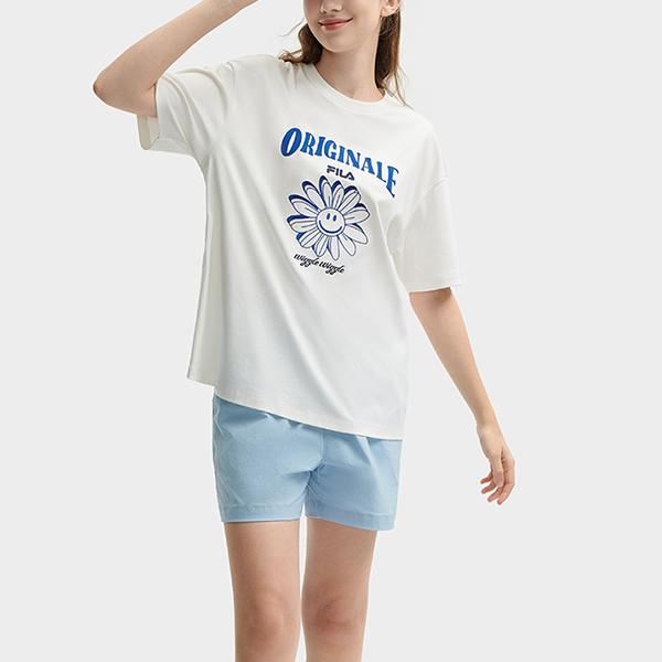FILA Logo Smiley Face Flower Embroidery Casual Round Neck Short Sleeve T-Shirt Women T-Shirt Cloud-White F11W429106F-ET