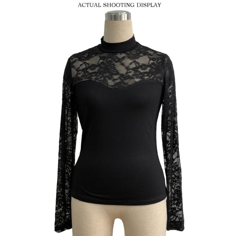 New Autumn and Winter Fashion Lace Patchwork Long Sleeved Small Stand Collar Pullover Base T-shirt Top for Women